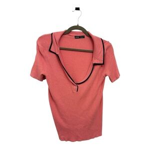 Bright Pink Ribbed Collared Knit Top Contrast Trim Preppy Coquette Mod Large